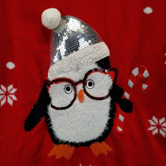Holiday Time Womens Penguin Ugly Christmas Sweater Red XXL Long Sleeve Crew Neck - Picture 5 of 12